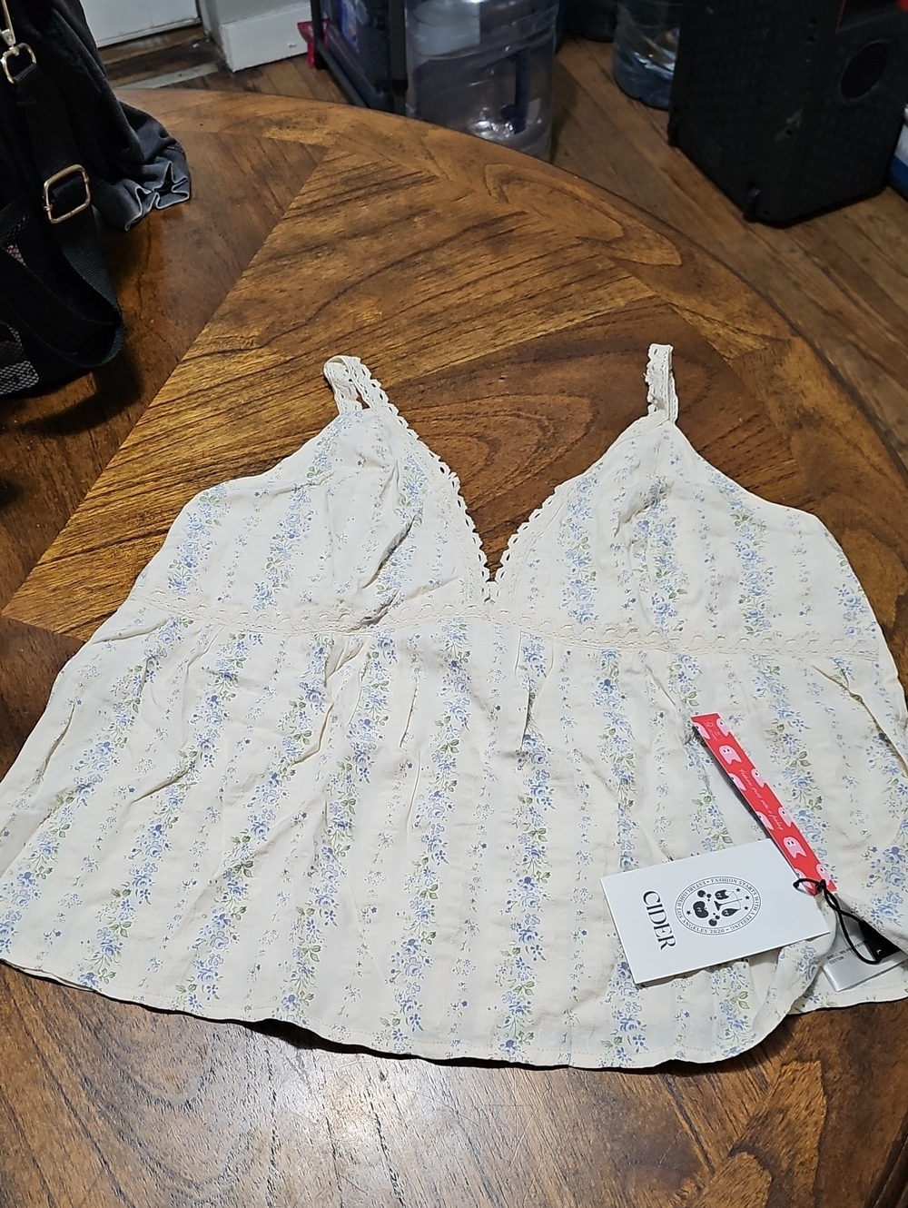 Cider Cream Floral Lace-Trim Camisole with Blue Stripes